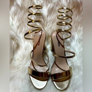 Fashion Nova Metallic Gold Gladiator Heels with Spiral Coil Design